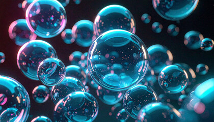 Luminous floating bubbles glowing in cyan and magenta, drifting in darkness, bioluminescent spheres