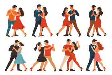 Flat vector illustration of couples dancing salsa bachata and tango in colorful dynamic poses
