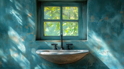 Teal wall, window with garden view, rustic sink