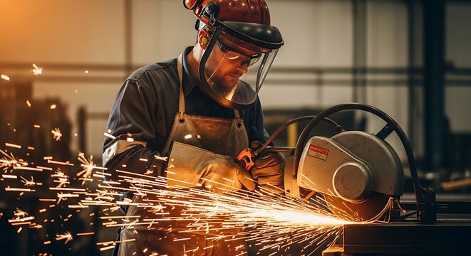 Skilled Industrial Worker Grinding Metal with Safety Gear Producing Bright Sparks in Workshop.