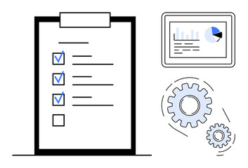 Checklist with blue checkmarks, tablet showing analytics and pie chart, interlocked gears in motion. Ideal for productivity, planning, teamwork, workflow, analysis management operations. Simple