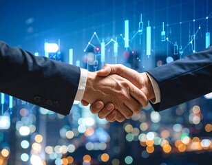Business handshake over cityscape with financial data overlay