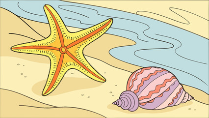 A cartoon style illustration of a starfish and seashell on a beach with ocean water in the background
