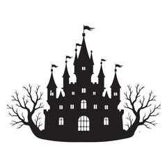 Obraz premium Spooky Halloween Castle Typography Silhouette Vector Design