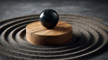 Naklejka premium Dark sphere on wooden stand, centered in concentric sand circles