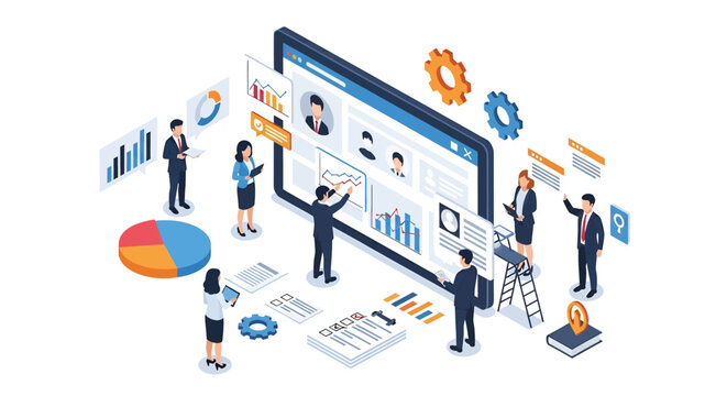 Isometric 3D view of business professionals analyzing charts, reports, and data dashboards on a giant tablet, symbolizing teamwork, analytics, and corporate digital strategy