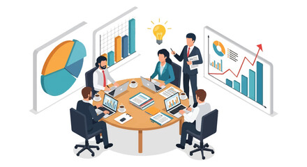 Isometric 3D view of business team meeting with laptops and charts, analyzing data and planning strategy, ideal for concepts of teamwork, productivity, growth, and corporate success © meeblues