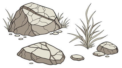 Illustration of several rocks and clumps of grass in a cartoon style on a white background