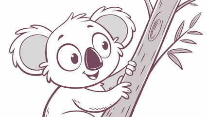 A cute koala bear climbing a tree with leaves and a happy expression in a cartoon style illustration
