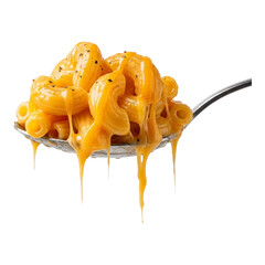 A spoonful of creamy macaroni and cheese with melted cheese dripping down on a white background close up