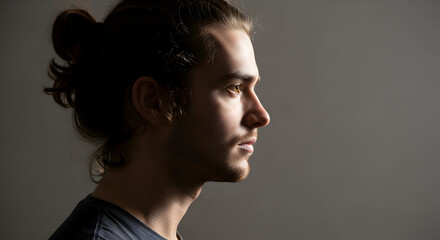 Profile of pensive young man with hair in bun, illuminated by soft light
