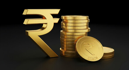 Golden Indian Rupee symbol and stack of shiny coins, representing wealth, finance, and investment success
