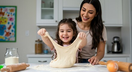 Happy mother and daughter baking in kitchen.