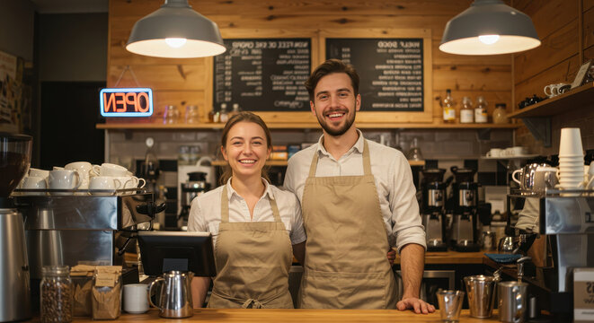 smiling caucasian baristas in aprons standing in cozy coffee shop with open sign glowing in background. welcoming atmosphere in cafe. food service, small business, hospitality industry.