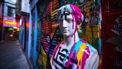Obraz premium Graffiti-Covered Classical Bust in a Colorful Urban Alleyway of Imagination and Pop Art
