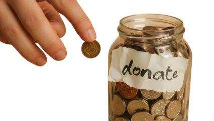 Donate for Hope: A single hand delicately drops a coin into a glass jar labeled donate, a silent act of giving that embodies hope, generosity, and the spirit of philanthropy.