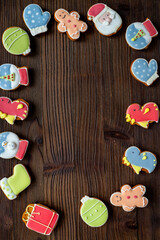 Frame of Christmas and New Year homemade cookies, top view