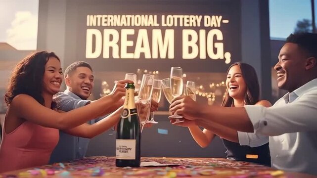 Lucky person scratching off lottery ticket with excited and hopeful mood against a blurred festive background