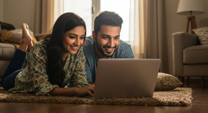 smiling indian couple using laptop in cozy home while laying on floor. teamwork, collaboration, remote work concept. lifestyle, dating, online shopping, sales and discounts.