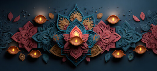 Happy Diwali banner with Diya lamps and paper cut ragoli pattern