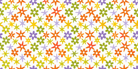 Whimsical Hand Drawn Flower and Star Pattern on White Background colorful