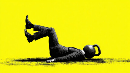 Graphic composition. Man falling with kettlebell instead of head symbol of heavy stress. Concept of overload, burnout, pressure, life imbalance, wellness, corporate training and social campaigns