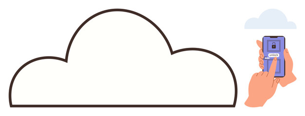 Large cloud shape with hands holding smartphone, entering login details. Ideal for technology, security, data storage, password management, remote access, cloud computing, simple flat metaphor