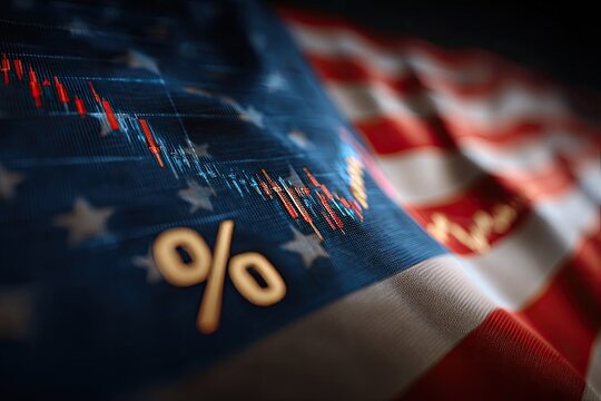 Stock market trends overlaid on American flag
