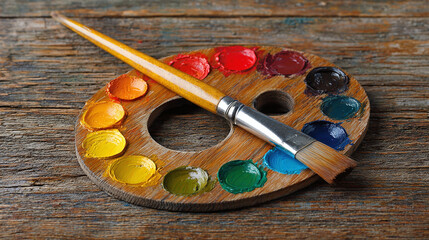 Vibrant Gouache Color Wheel with Paintbrush on Wooden Surface