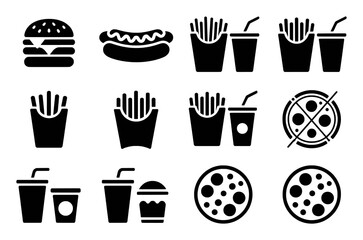 Collection of Fast Food Icons: Burgers, Fries, Drinks, and Pizza