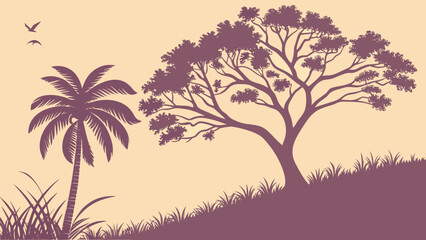 Naklejka premium Silhouette landscape with palm tree, large tree, grass, and two birds in a light orange background
