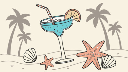 A tropical beach scene with a cocktail, palm trees, starfish and seashells in a cartoon style art