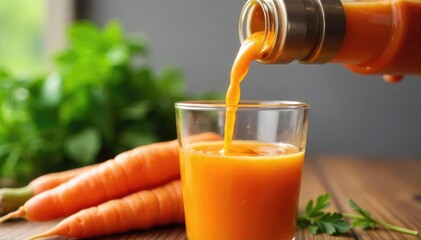 Freshly juiced carrots, vibrant orange liquid pouring from a juicer into a glass, healthy lifestyle concept Close-up shot highlighting the texture and color , carrot juice, natural