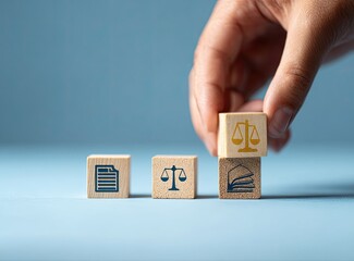Hand placing wooden cube with scales of justice icon atop stack of cubes showing document, scales, and books, symbolizing legal process
