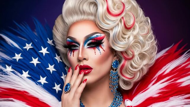 A glamorous and patriotic american drag queen with a huge wig and dramatic makeup celebrates the fourth of july with a stunning red white and blue flag costume
