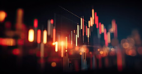 Glowing candlestick charts displayed on a screen, blurred city lights in the background, suggesting financial market activity at night