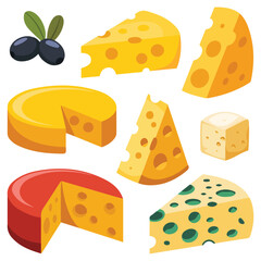 Delicious fresh sliced cheese variety plate isolated vector illustration on white background