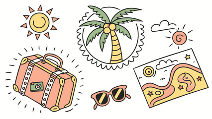 Fototapeta premium Illustration of a suitcase, sunglasses, palm tree, sun, and vacation photo for a summer trip