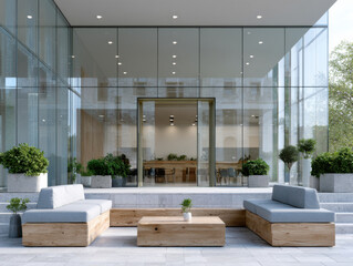 Modern office building exterior with relaxing outdoor seating area