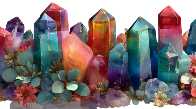 Photo of multicolored crystals chakre arranged in a eautiful pattern, transparnt background png