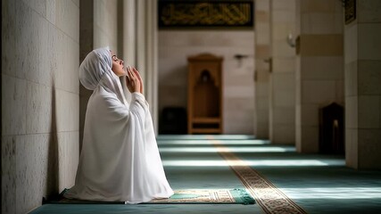 Woman in White Praying in Mosque with Light Streaming Through Arches and Ornate Islamic Architectural Details Featuring Beige Columns