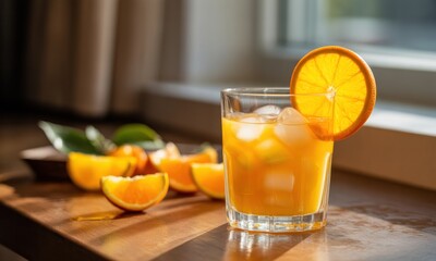 Fototapeta premium Citrus juice drink, ice, orange slices