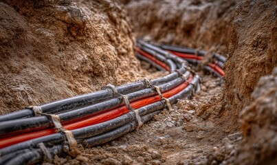 Underground cables laid in a trench. Concept of modern infrastructure development and telecommunication networks.