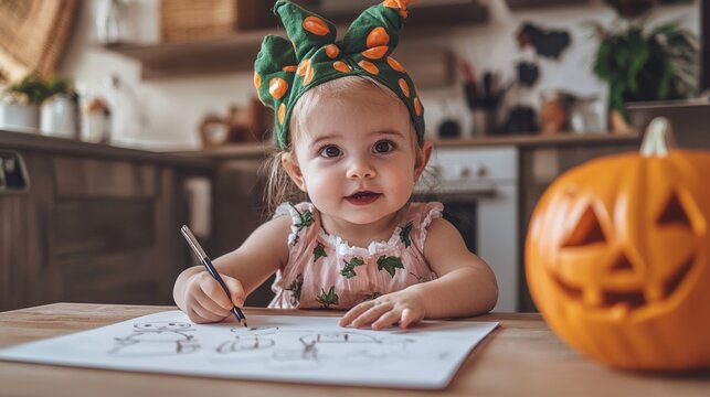 A delightful young girl with a playful headband is focused on drawing while a carved pumpkin adds a festive touch to the warm and inviting kitchen atmosphere.