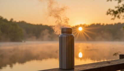 Stainless steel thermos bottle with steam by sunrise over lake  