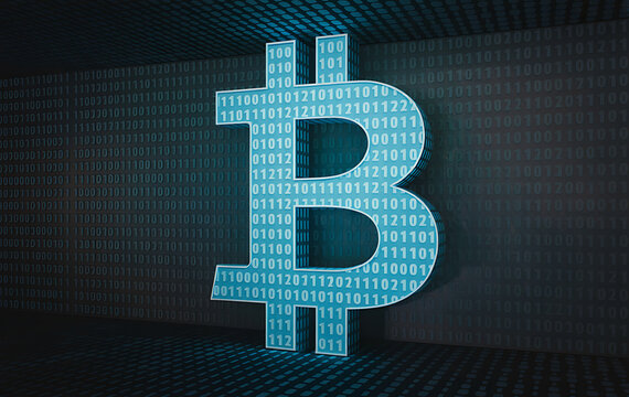 Glowing blue bitcoin symbol illuminated with digital binary code on a dark background - Powered by Adobe