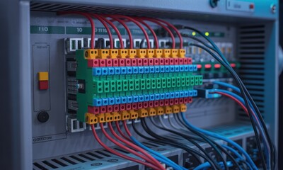 Close-up of a complex electronic device with colorful terminals and numerous wires.  Multiple colored connections are visible