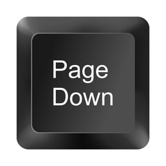 Page down key button from computer keyboard isolated on white background, black keycap with page down text for navigation and scrolling in computing