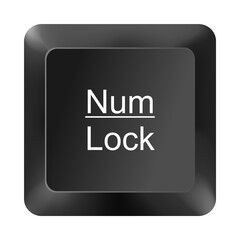 Num lock key button from computer keyboard isolated on white background, black keycap with num lock text for numeric keypad control and computing functions
