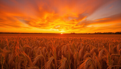 Vibrant sunset over golden wheat field with dramatic clouds  